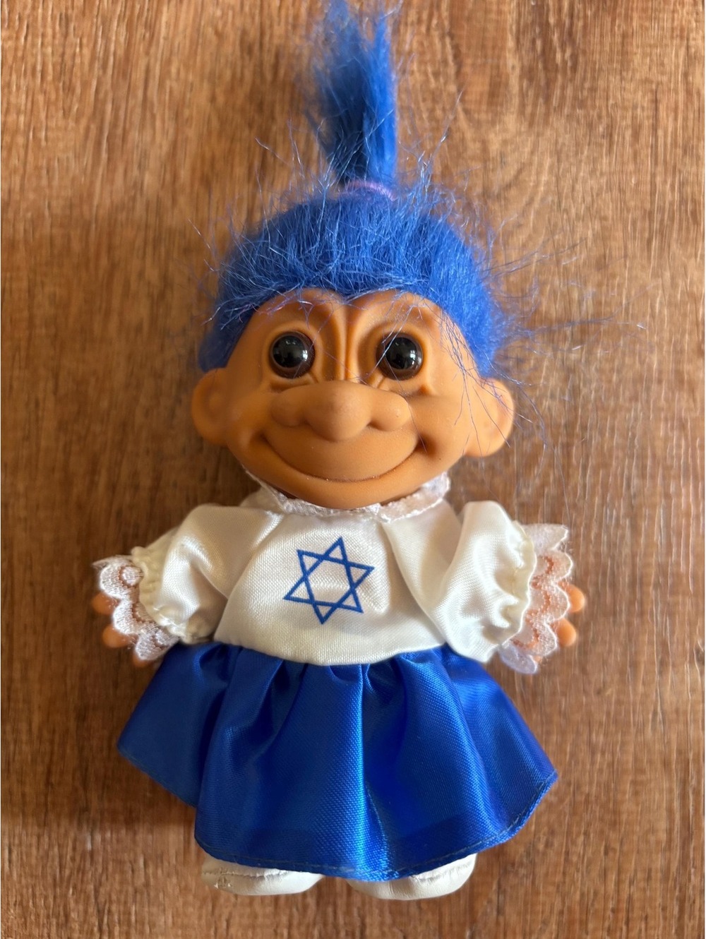 Troll Doll Jewish Girl w Star of David Blue Hair & Dress w Shoes 5” Excellent